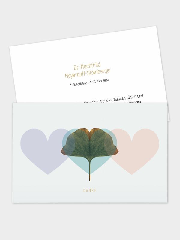 2-seitige Danksagungskarte im klassischen Querformat (178 x 115 mm) | Motiv Ginkgo-Herzen | DKK_2Q_031
