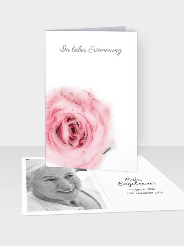 Erinnerungsbild - Kleinere Klappkarte mit Trauerbild/Sterbebildchen (74 x 105 mm) | Motiv Rose Aquarell | EB_025