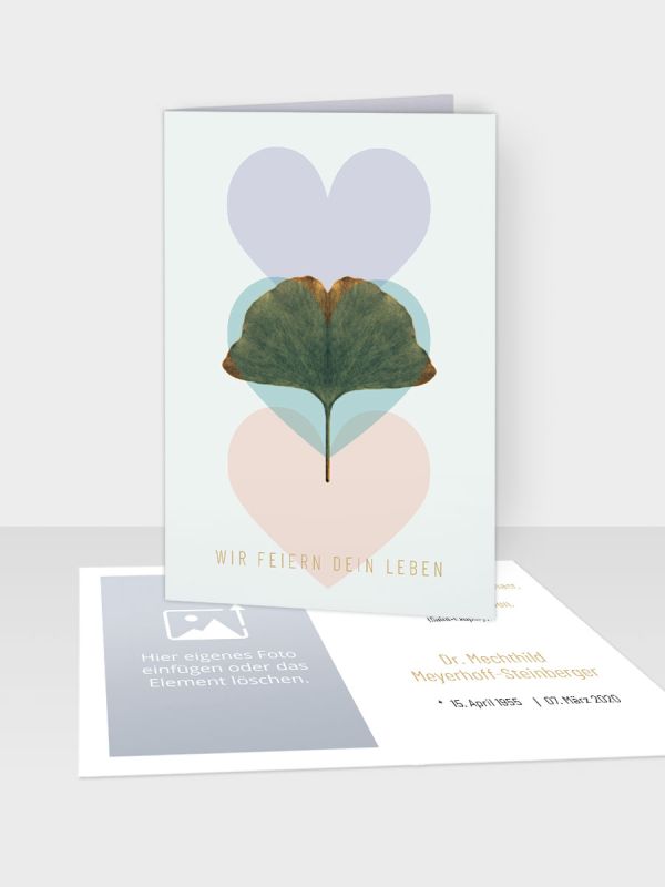 Erinnerungsbild - Kleinere Klappkarte mit Trauerbild/Sterbebildchen (74 x 105 mm) | Motiv Ginkgo-Herzen | EB_031