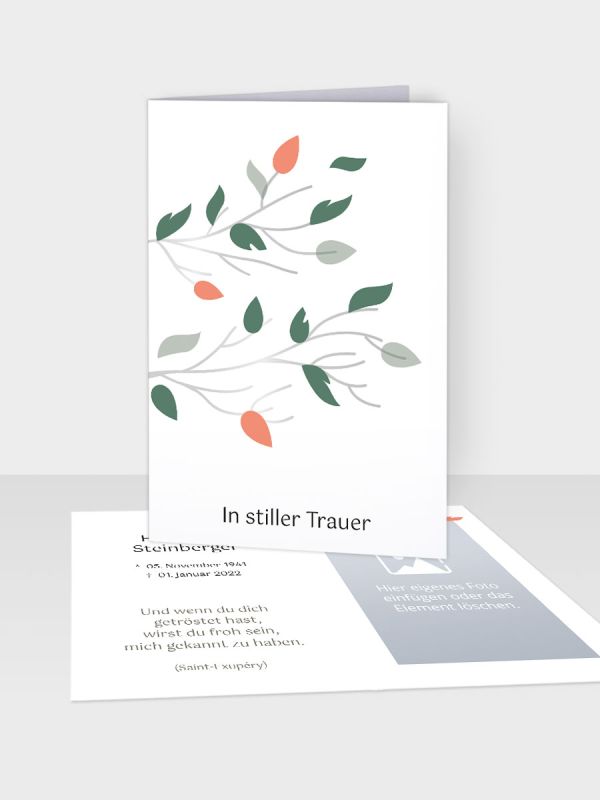 Erinnerungsbild - Kleinere Klappkarte mit Trauerbild/Sterbebildchen (74 x 105 mm) | Motiv Blätterspiel | EB_049