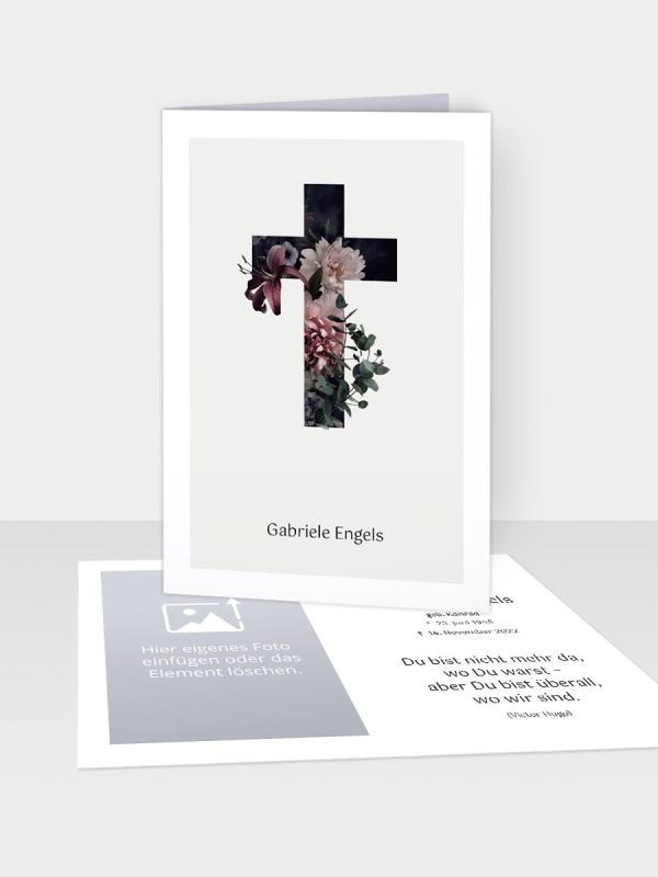 Erinnerungsbild - Kleinere Klappkarte mit Trauerbild/Sterbebildchen (74 x 105 mm) | Motiv Blumenkreuz | EB_058