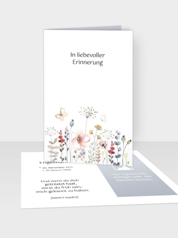 Erinnerungsbild - Kleinere Klappkarte mit Trauerbild/Sterbebildchen (74 x 105 mm) | Motiv Aquarell Blumenwiese | EB_078