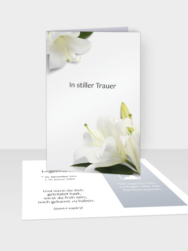 Erinnerungsbild - Kleinere Klappkarte mit Trauerbild/Sterbebildchen (74 x 105 mm) | Motiv Weiße Lilien | EB_083