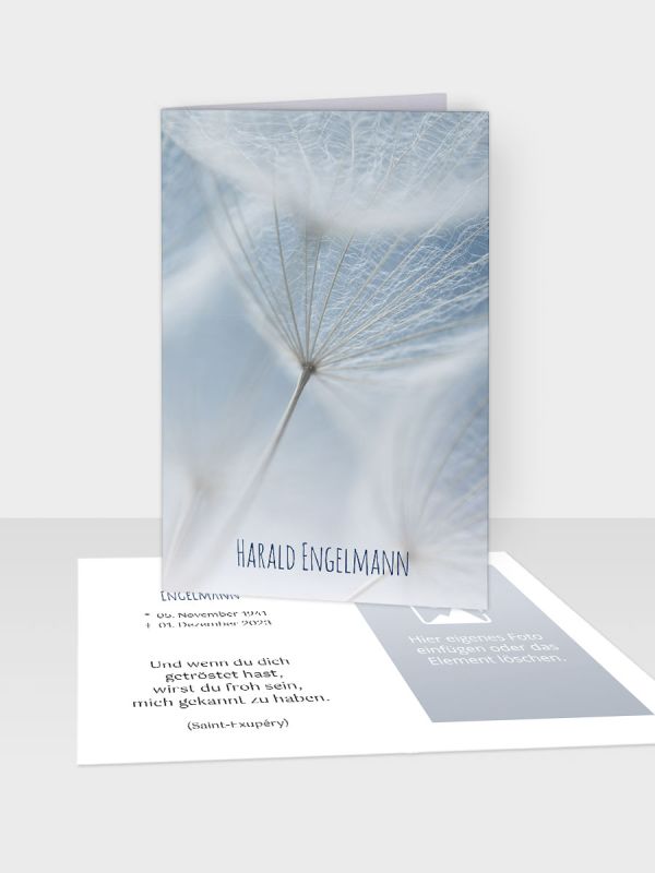 Erinnerungsbild - Kleinere Klappkarte mit Trauerbild/Sterbebildchen (74 x 105 mm) | Motiv Zarte Pusteblume | EB_081