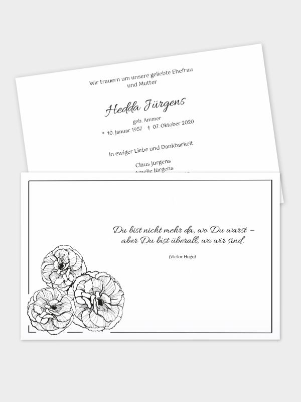 2-seitige Trauerkarte im klassischen Querformat (178 x 115 mm) | Motiv Nelken | TKK_2Q_006