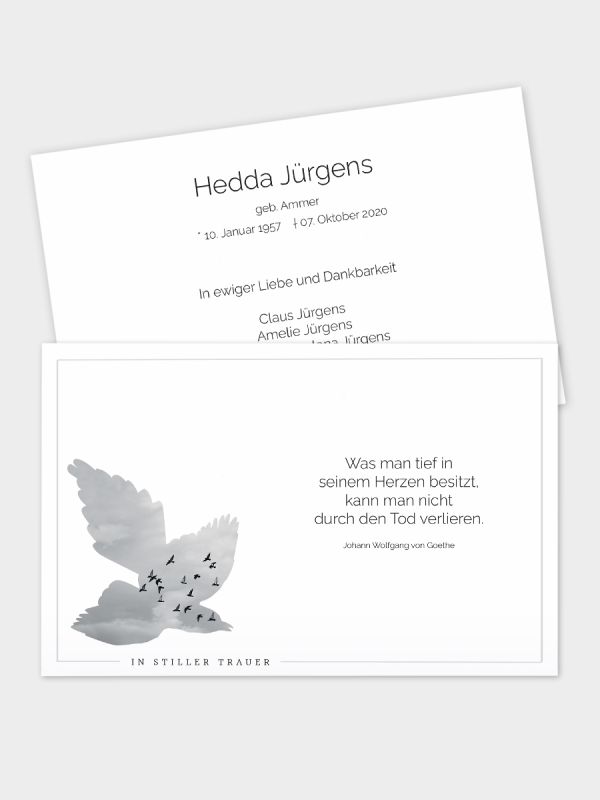 2-seitige Trauerkarte im klassischen Querformat (178 x 115 mm) | Motiv Vogelschwarm | TKK_2Q_008