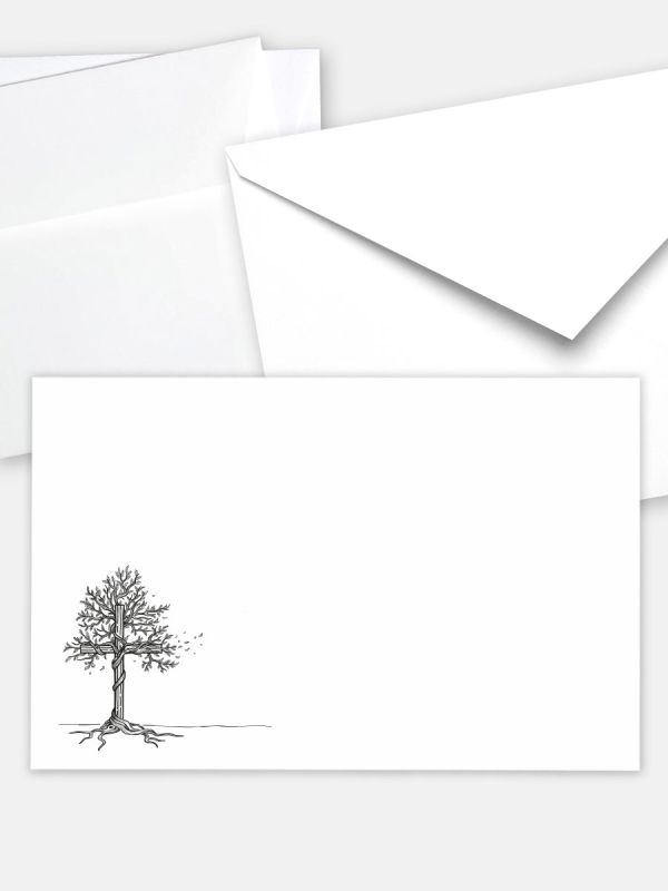 Umschlag im klassischen Format (191 x 120 mm) | Auswahl: Papiersorte, gerade Klappe/Haftklebung oder Spitzklappe/Nassklebung | Adresseindruck und Lettershop möglich | Motiv Baum-Kreuz | TUK_002