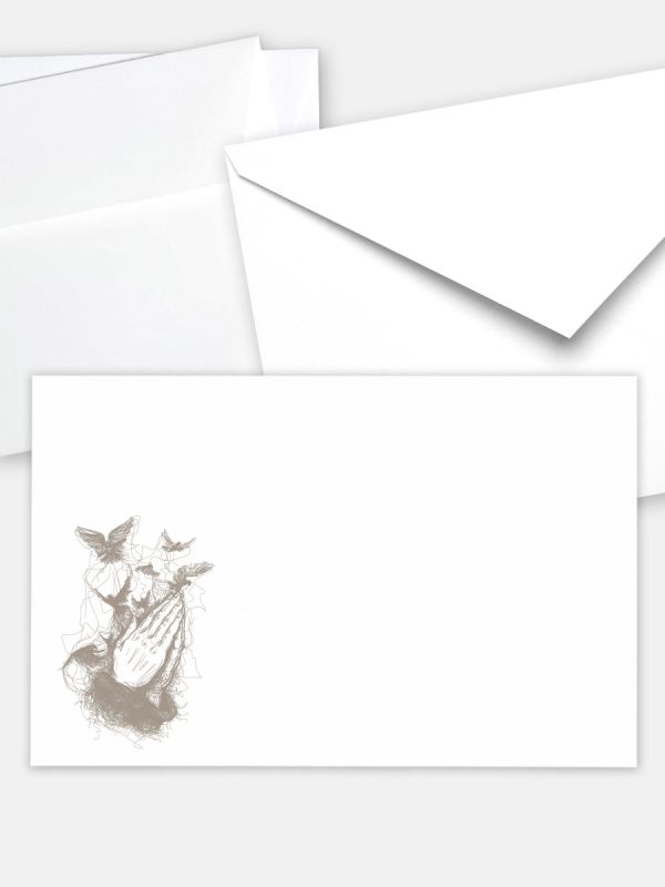 Umschlag im klassischen Format (191 x 120 mm) | Auswahl: Papiersorte, gerade Klappe/Haftklebung oder Spitzklappe/Nassklebung | Adresseindruck und Lettershop möglich | Motiv Betende Hände (künstlerisch) | TUK_003