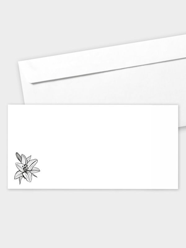 Umschlag im modernen Format (220 x 110 mm) | gerade Klappe/Haftklebung | Auswahl: Papiersorte | Adresseindruck und Lettershop möglich | Motiv Lilie | TUM_005