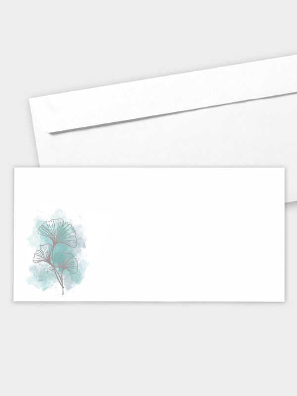 Umschlag im modernen Format (220 x 110 mm) | gerade Klappe/Haftklebung | Auswahl: Papiersorte | Adresseindruck und Lettershop möglich | Motiv Ginkgo Aquarell | TUM_017