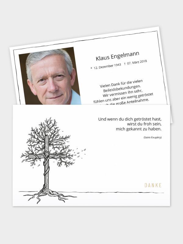 2-seitige Danksagungskarte im klassischen Querformat  (178 x 115 mm) | Motiv Baum-Kreuz | DKK_2Q_002