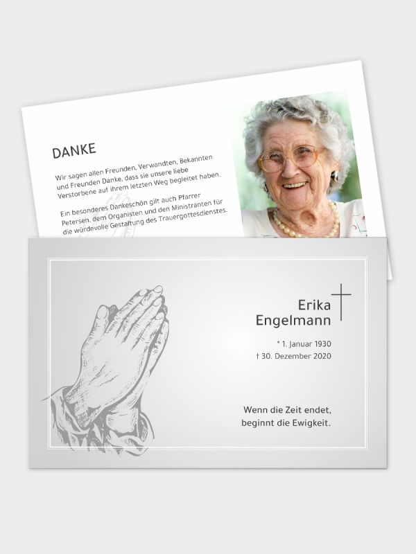 2-seitige Danksagungskarte im klassischen Querformat (178 x 115 mm) | Motiv Betende Hände (Holzschnitt) | DKK_2Q_019