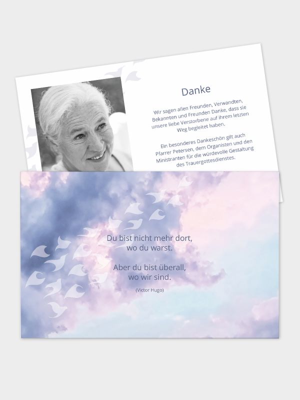 2-seitige Danksagungskarte im klassischen Querformat (178 x 115 mm) | Motiv Himmel mit Vogelfries | DKK_2Q_024