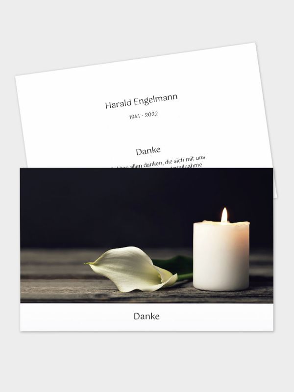2-seitige Danksagungskarte im klassischen Querformat (178 x 115 mm) | Motiv Calla und Kerze | DKK_2Q_055