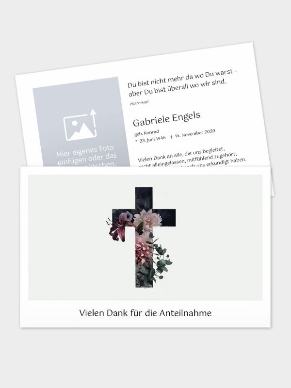 2-seitige Danksagungskarte im klassischen Querformat (178 x 115 mm) | Motiv Blumenkreuz | DKK_2Q_058