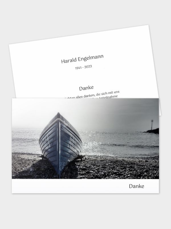 2-seitige Danksagungskarte im klassischen Querformat (178 x 115 mm) | Motiv Boot am Strand | DKK_2Q_073