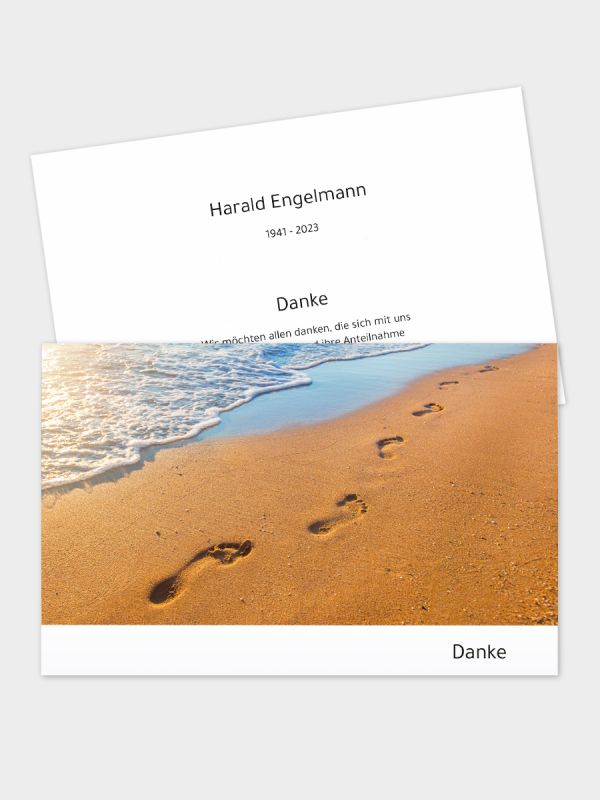2-seitige Danksagungskarte im klassischen Querformat (178 x 115 mm) | Motiv Spuren im Sand | DKK_2Q_074
