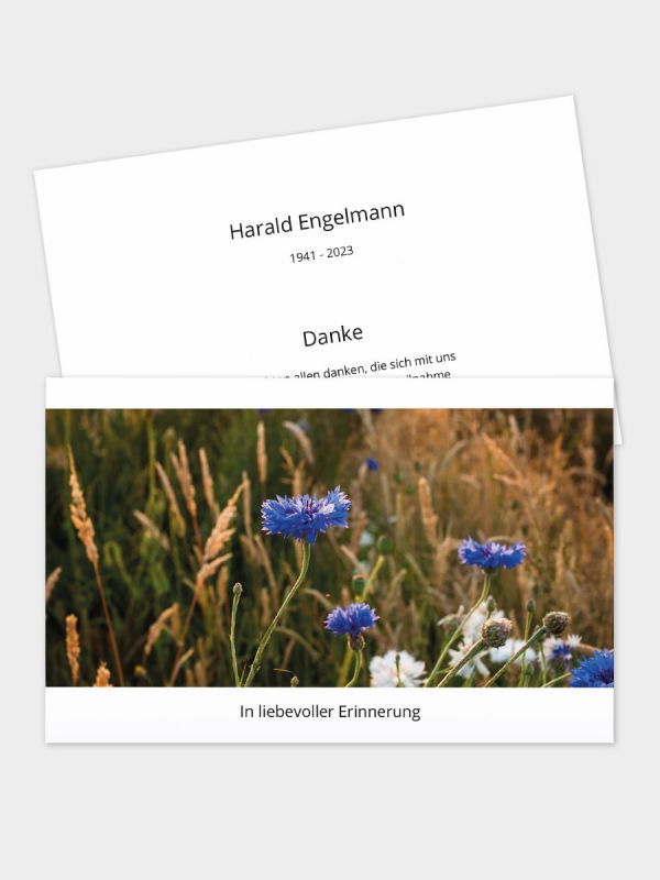 2-seitige Danksagungskarte im klassischen Querformat (178 x 115 mm) | Motiv Kornblumen | DKK_2Q_077