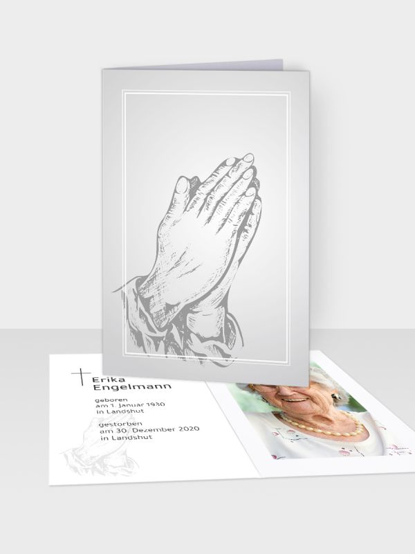 Erinnerungsbild - Kleinere Klappkarte mit Trauerbild/Sterbebildchen (74 x 105 mm) | Motiv Betende Hände (Holzschnitt) | EB_019