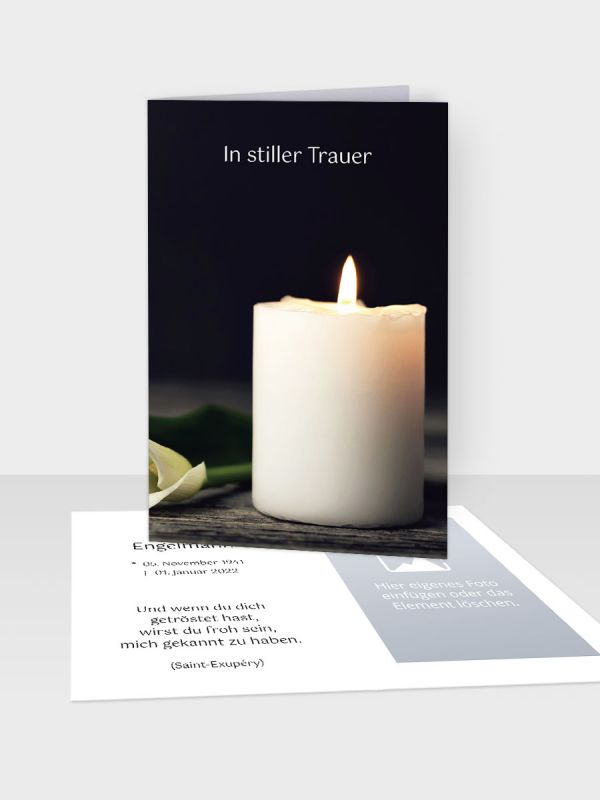Erinnerungsbild - Kleinere Klappkarte mit Trauerbild/Sterbebildchen (74 x 105 mm) | Motiv Calla und Kerze  | EB_055