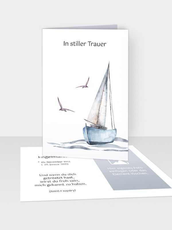 Erinnerungsbild - Kleinere Klappkarte mit Trauerbild/Sterbebildchen (74 x 105 mm) | Motiv Segelboot Aquarell | EB_071