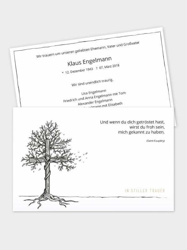 2-seitige Trauerkarte im klassischen Querformat  (178 x 115 mm) | Motiv Baum-Kreuz | TKK_2Q_002
