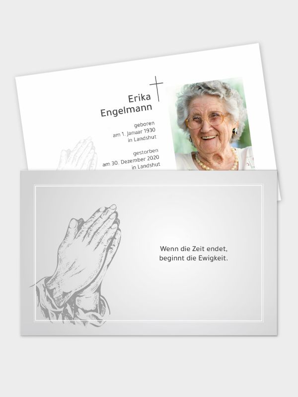 2-seitige Trauerkarte im klassischen Querformat (178 x 115 mm) | Motiv Betende Hände (Holzschnitt) | TKK_2Q_019