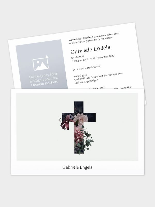 2-seitige Trauerkarte im klassischen Querformat (178 x 115 mm) | Motiv Blumenkreuz | TKK_2Q_058