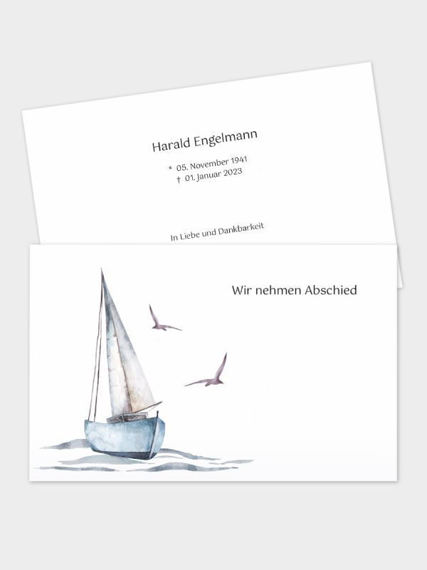 2-seitige Trauerkarte im klassischen Querformat (178 x 115 mm) | Motiv Segelboot Aquarell | TKK_2Q_071