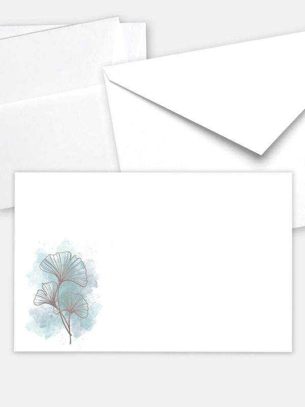 Umschlag im klassischen Format (185 x 120 mm) | Auswahl: Papiersorte, gerade Klappe/Haftklebung oder Spitzklappe/Nassklebung | Adresseindruck und Lettershop möglich | Motiv Ginkgo Aquarell | TUK_017_ATD