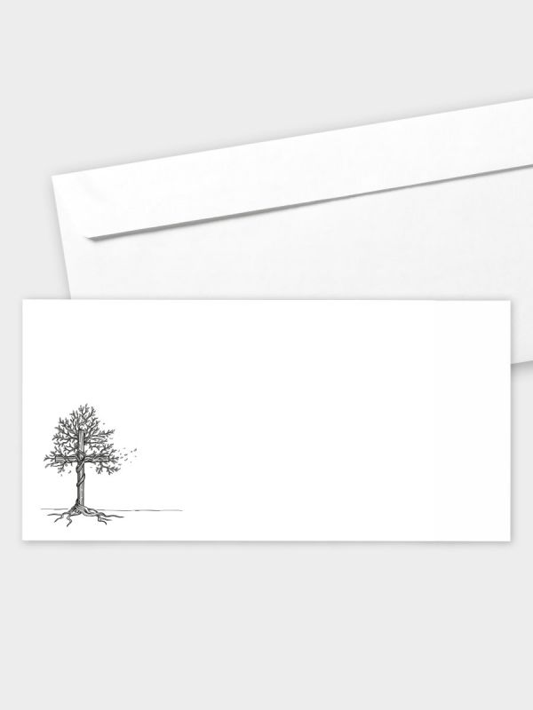 Umschlag im modernen Format (220 x 110 mm) | gerade Klappe/Haftklebung | Auswahl: Papiersorte | Adresseindruck und Lettershop möglich | Motiv Baum-Kreuz | TUM_002