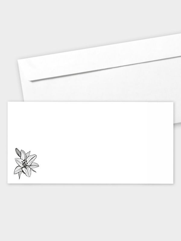Umschlag im modernen Format (220 x 110 mm) | gerade Klappe/Haftklebung | Auswahl: Papiersorte | Adresseindruck und Lettershop möglich | Motiv Lilie | TUM_005