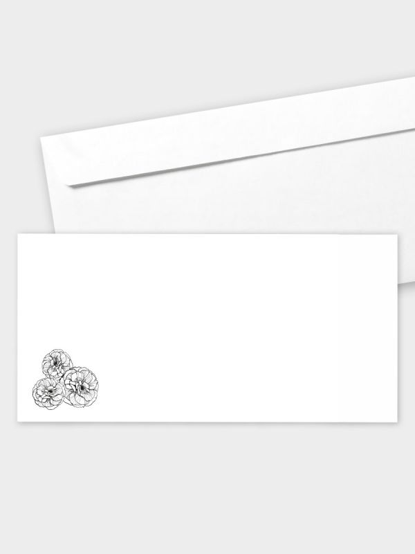 Umschlag im modernen Format (220 x 110 mm) | gerade Klappe/Haftklebung | Auswahl: Papiersorte | Adresseindruck und Lettershop möglich | Motiv Nelken | TUM_006