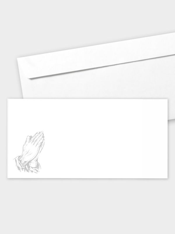 Umschlag im modernen Format (220 x 110 mm) | gerade Klappe/Haftklebung | Auswahl: Papiersorte | Adresseindruck und Lettershop möglich | Motiv Betende Hände (Holzschnitt) | TUM_019