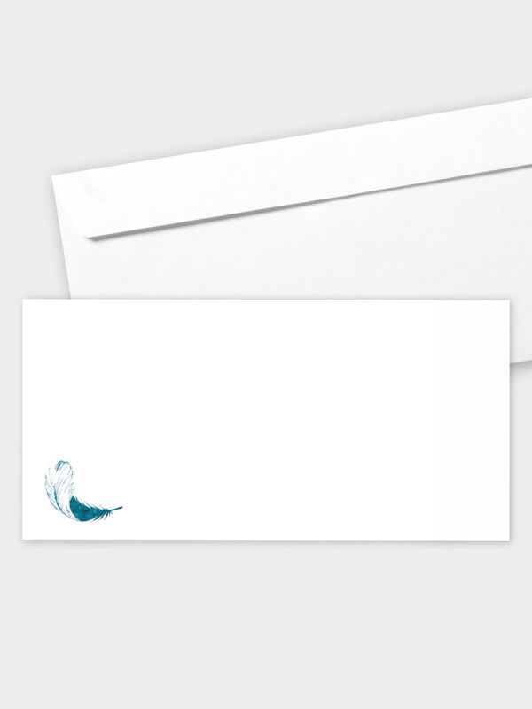 Umschlag im modernen Format (220 x 110 mm) | gerade Klappe/Haftklebung | Auswahl: Papiersorte | Adresseindruck und Lettershop möglich | Motiv Federn | TUM_035