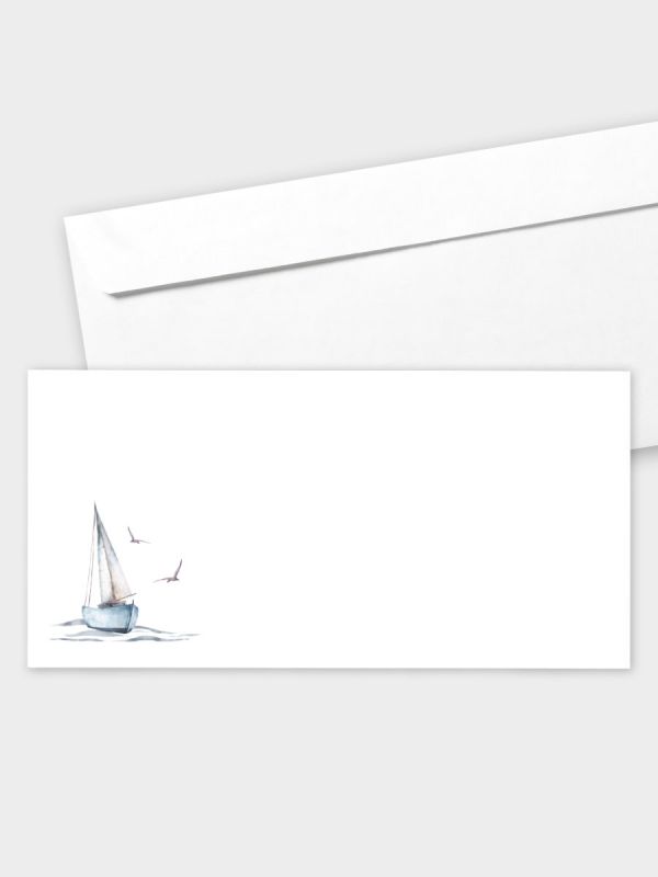 Umschlag im modernen Format (220 x 110 mm) | gerade Klappe/Haftklebung | Auswahl: Papiersorte | Adresseindruck und Lettershop möglich | Motiv Segelboot Aquarell | TUM_071