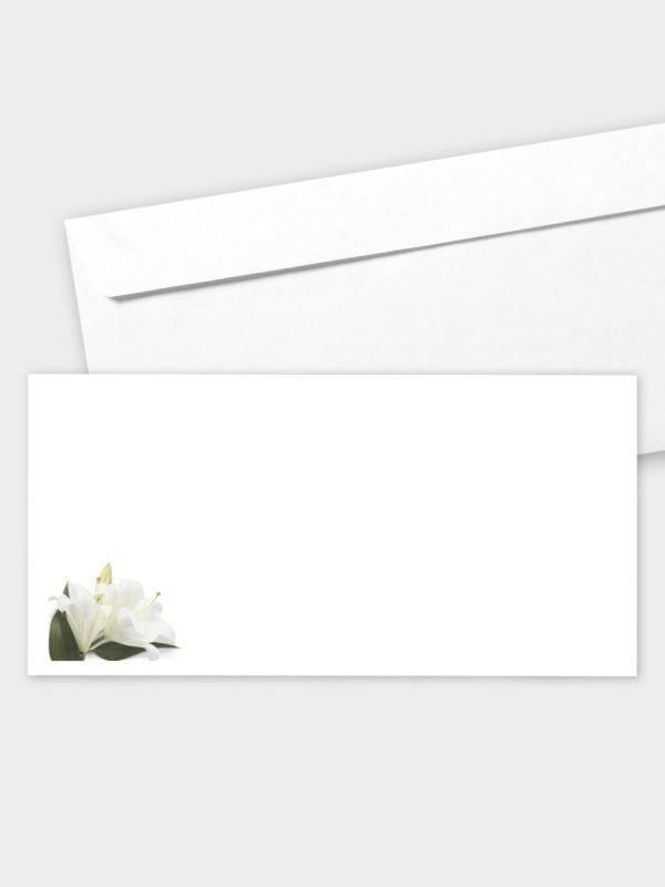 Umschlag im modernen Format (220 x 110 mm) | gerade Klappe/Haftklebung | Auswahl: Papiersorte | Adresseindruck und Lettershop möglich | Motiv Weiße Lilien | TUM_083