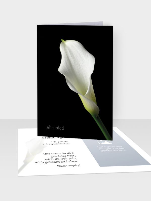 Erinnerungsbild - Kleinere Klappkarte mit Trauerbild/Sterbebildchen (74 x 105 mm) | Motiv Edle Calla | XEB_012