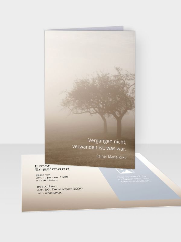 Erinnerungsbild - Kleinere Klappkarte mit Trauerbild/Sterbebildchen (74 x 105 mm) | Motiv Herbstliches Baumpaar | XEB_013