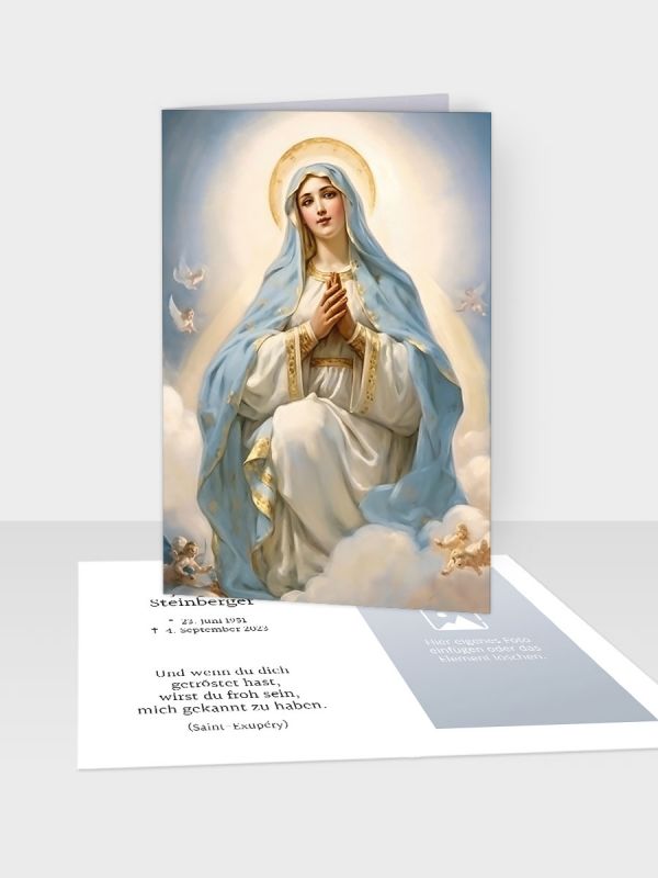 Erinnerungsbild - Kleinere Klappkarte mit Trauerbild/Sterbebildchen (74 x 105 mm) | Motiv Maria im Himmel | XEB_018
